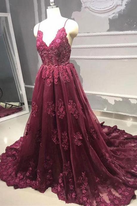 Burgundy tulle lace long prom dress, burgundy evening dress M7561