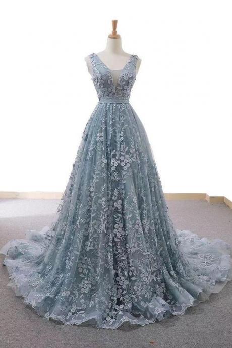 Gray Blue Tulle Lace Long Prom Dress, Blue Evening Dress M7562