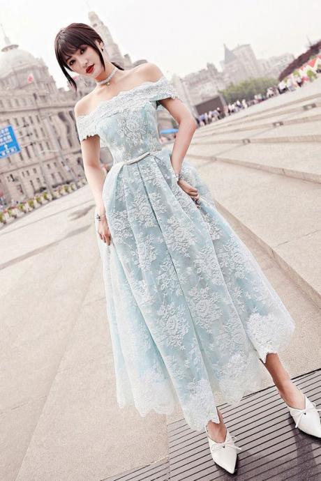 Blue tulle lace tea length prom dress, blue tulle lace evening dress M7564