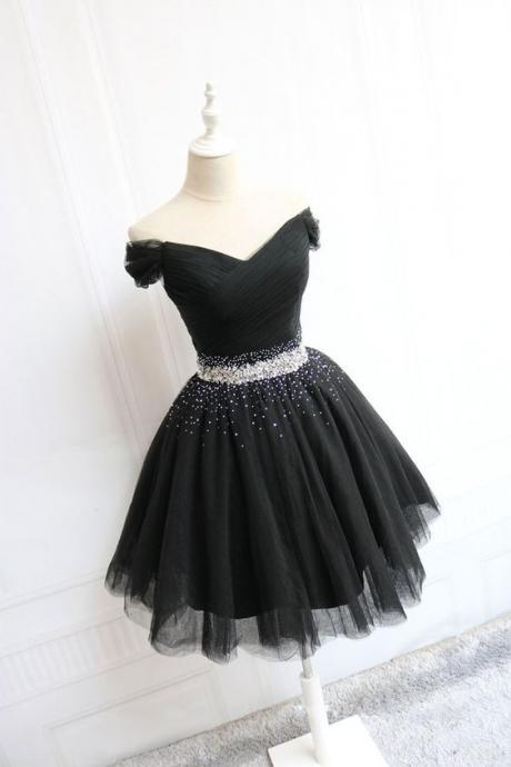 Black Tulle Off Shoulder Short Prom Dress, Black Homecoming Dress M7565