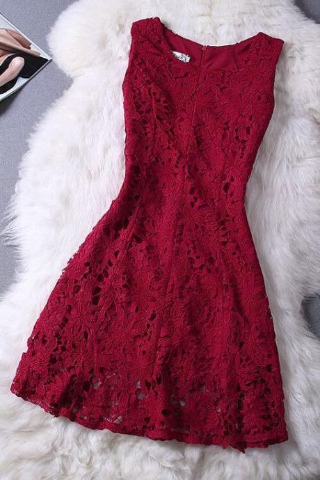Elegant Lace Homecoming Dress,sleeveless Prom Dress,burgundy Homecoming Dress M7590