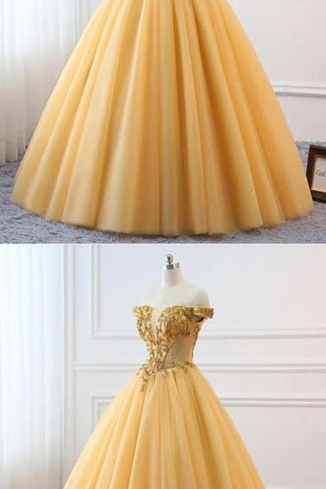 Gold Tulle Off Shoulder Corset Custom Size Prom Dress, Beaded Quinceanera Dress M7609