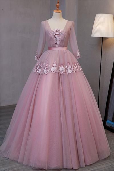 Smoking Pink V Neck Long Evening Dress With Appliqués, Long Sleeves Lace Up M7614