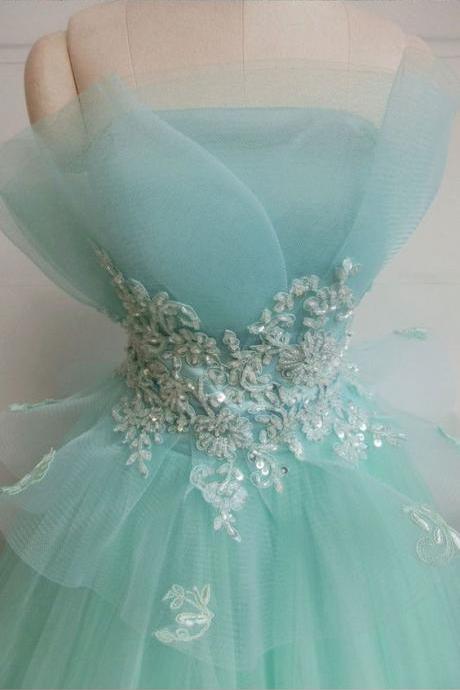 Elegant Tulle Green Appliques Evening Dress, Lace Up Formal Prom Dresses M7619