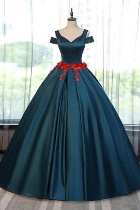 Chic A-line Ball Gowns Prom Dress V-neck Satin Modest Applique Evening Dress M7623