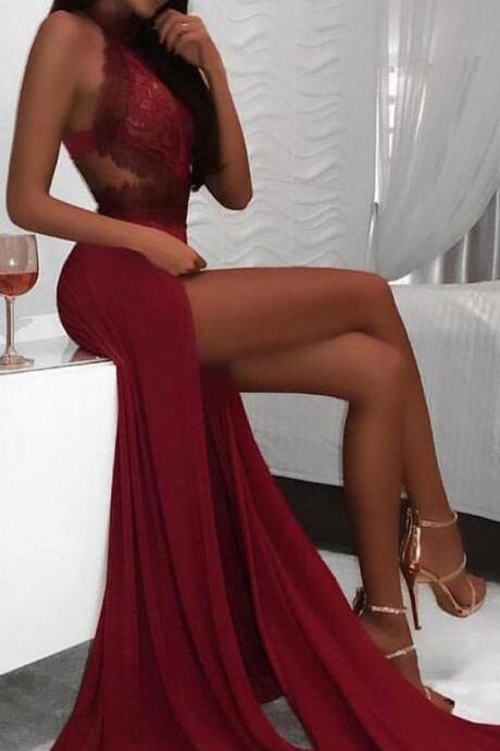 Halter Sexy Lace Side Slits A Line Long Prom Dresses M7630