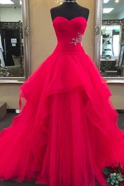 Red Sweetheart Neck Tulle Long Prom Dress, Red Evening Dress M7639