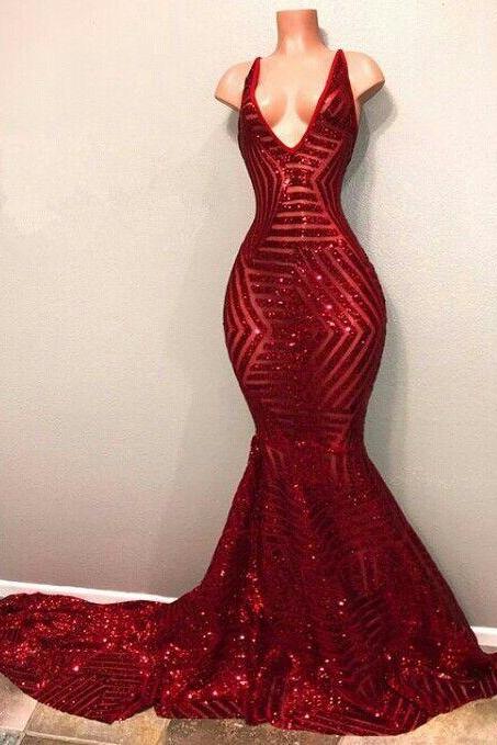 V Neck Red Sequin Mermaid Prom Dress M7645