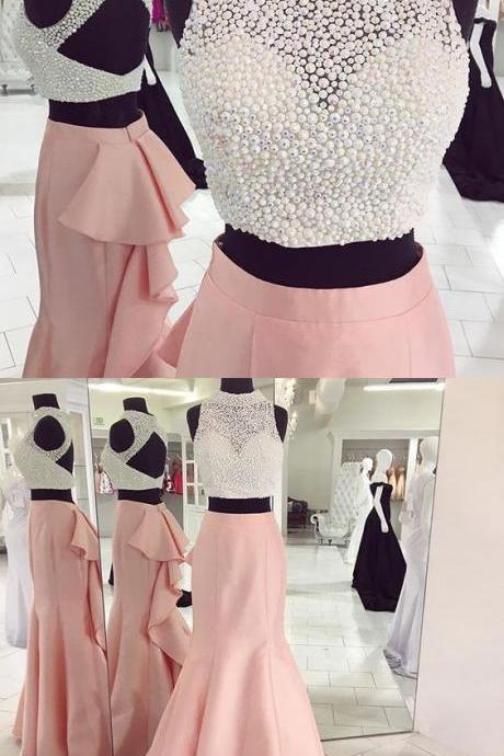 Pink Mermaid Prom Dress, Beaded Prom Dress, Semi Formal Prom Dress, Charming Prom Dresses M7657