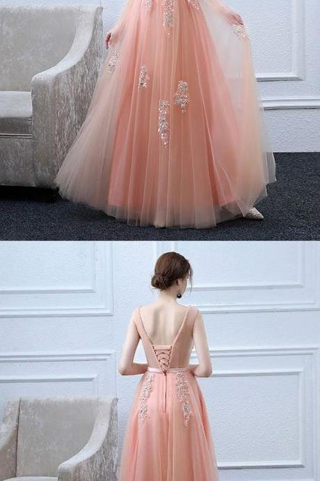 Pink V Neck Tulle Lace Long Prom Dress, Lace Evening Dress M7670