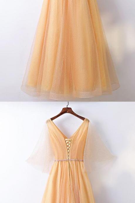 Classy Yellow Long Tulle Formal Party Dress V-neck With Bling M7671