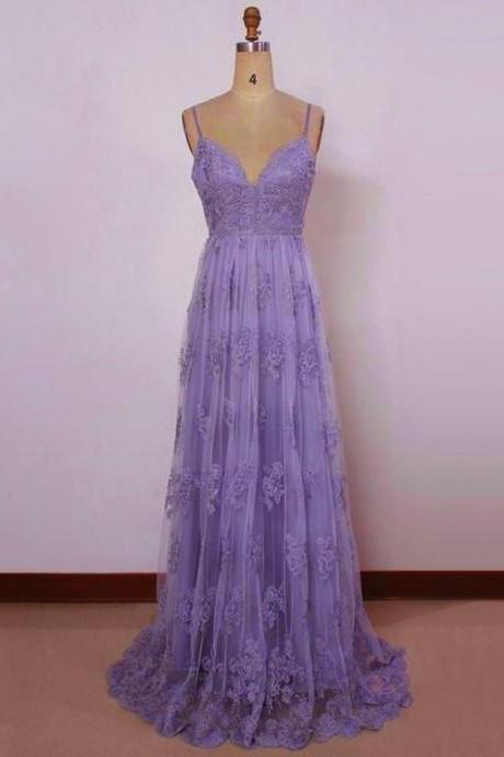 Beautiful Light Purple Straps With Lace Elegant Party Dress, Tulle Evening Gowns 2019 M7674