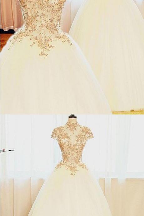 Ball Gown Wedding Dress With Gold Beading,high Neck Bridal Gown M7688