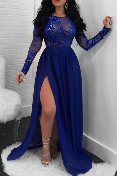Royal Blue Sequin Prom Dress With Slit M7697