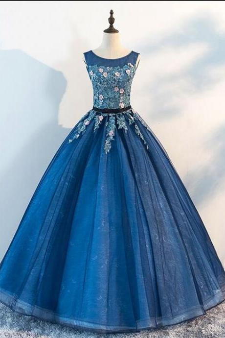 Blue Tulle Long Flower Lace Evening Dress, Formal Prom Dress M7698