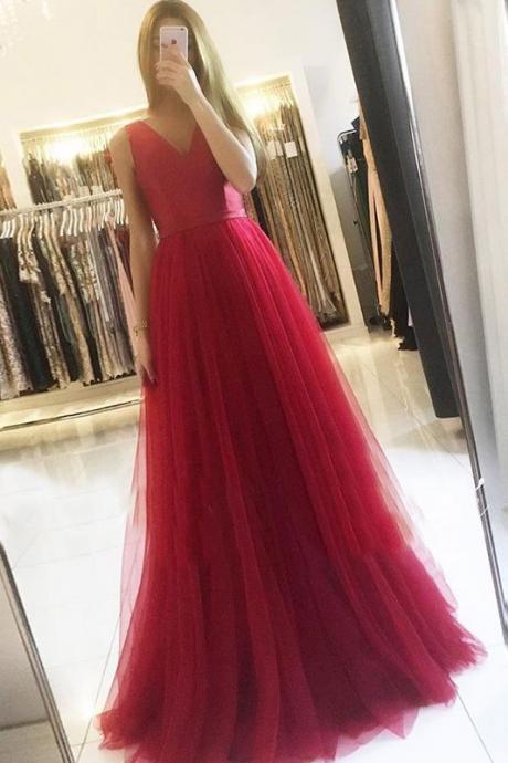 Red V Neck Prom Dress 2019 Long, Simple Red Prom Dress M7709
