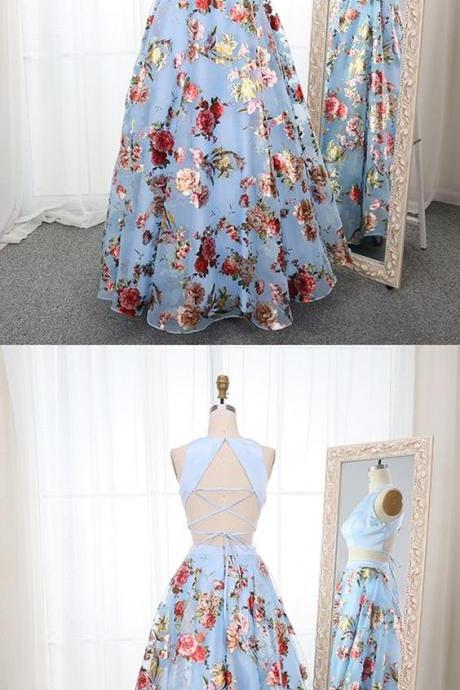 Two Piece Round Neck Blue Floral Organza Prom Dress M7712