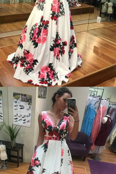 2019 V-back Floral Print Prom Party Dresses With Pockets, Gala Dresses M7713