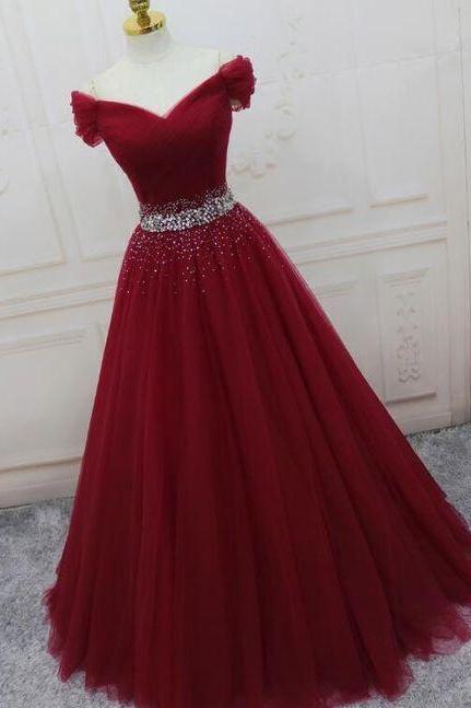 Wine Red Elegant Princess Gown, Handmade Off Shoulder Ball Gowns M7721