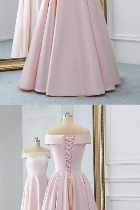Pink Satin Long Evening Dress With Pockets, Pink Prom Gowns M7722