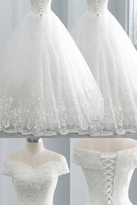 Delicate Tulle Off-the-shoulder Neckline Ball Gown Wedding Dresses With Beadings & Lace Appliques M7723