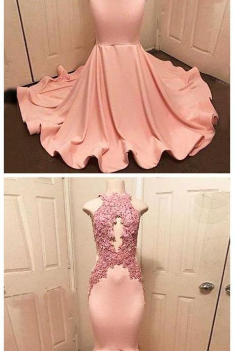 Trumpet/mermaid Prom Dress High Neck Pink Satin Applique Blush Prom Dresses Long Evening Dress M7731
