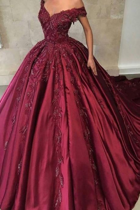 Burgundy Prom Dress Off The Shoulder Ball Gown Satin With Applique Sweep Train M7739