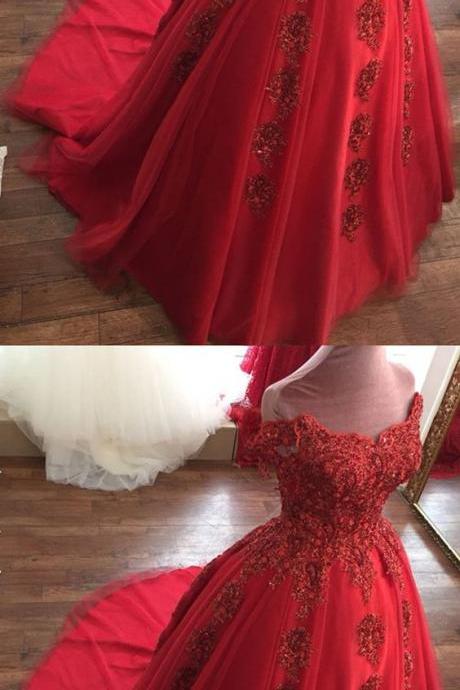 Red Tulle Off Shoulder Ball Gown Wedding Dress Embroidery Beaded M7745