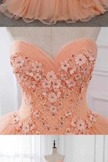 Orange Tulle Strapless Ruffles Long Sweet 16 Prom Dress, Lace Evening Dress M7748