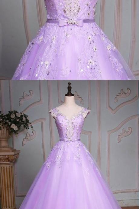 Lavender tulle cap sleeve beaded long evening dress, senior lace prom dress M7761