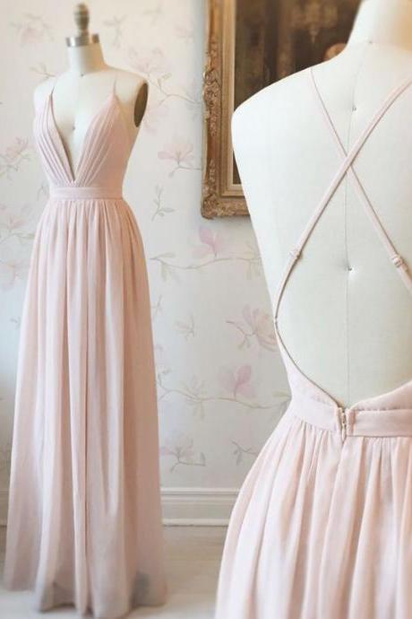 Princess A-line Pink Chiffon Long Prom Dress is made of chiffon fabric, floor to length long and criss cross back M7766