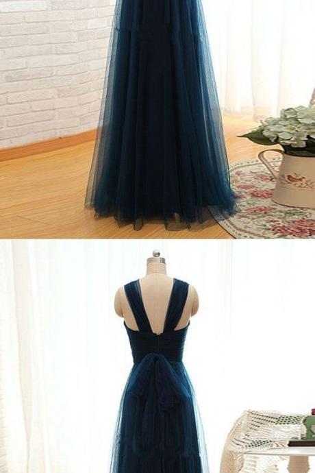 Simple A Line Straps Pleated Long Women Dark Green Tulle Prom/Bridesmaid Dresses M7769