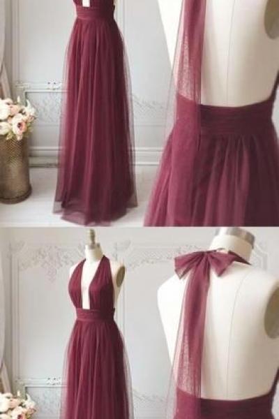 Elegant Bean Paste Color Halter Long A-line Tulle Prom Dresses M7770