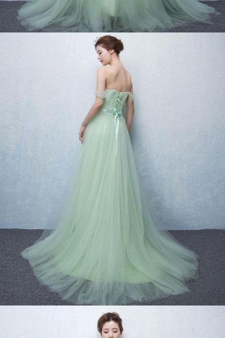 Cute Green Tulle Lace Long Prom Dress, Green Evening Dress M7775
