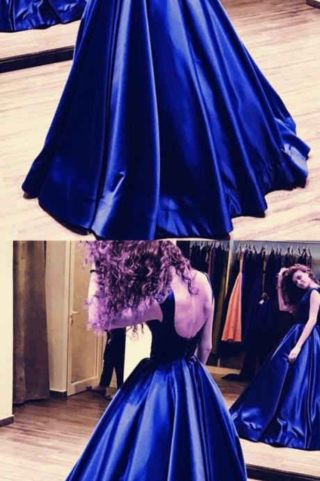Royal Blue Prom Dresses Ball Gown Open Back M7778
