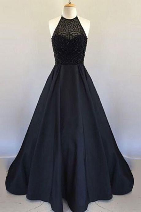 Halter Floor Length Black Prom Dress With Beading Pleated, Prom Dresses, Cute Long Party Dresses Beaded M7781