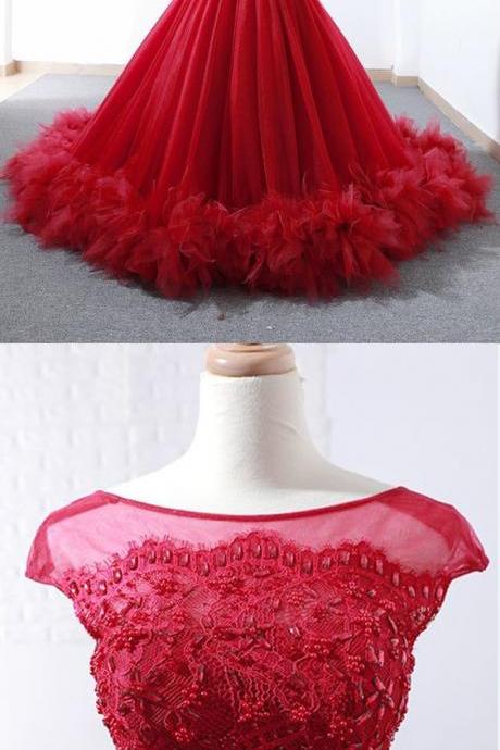 Red Tulle Cap Sleeve Long Beaded Quinceanera Dress, Evening Dress M7784