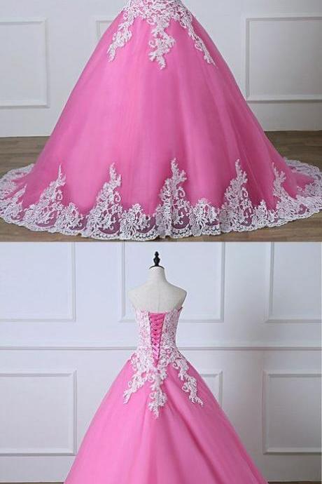 Strapless Pink Tulle Long Quinceanera Dress, Long Lace Up Prom Dress M7786