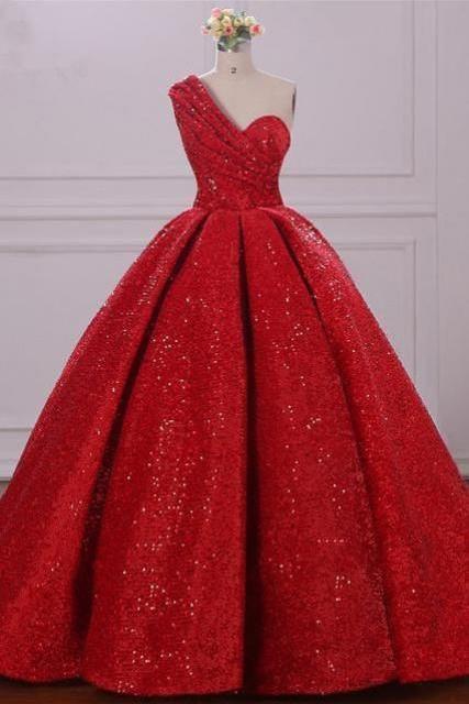 Ball Gown One Shoulder Sequins Red Sweetheart Prom Dresses,quinceanera Dresses M7793