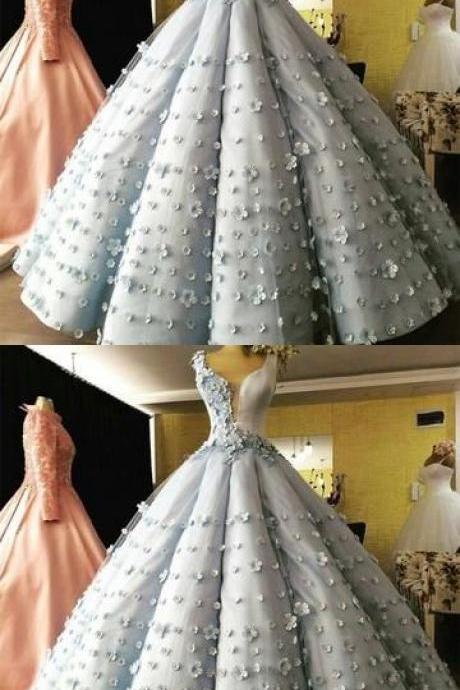 Light Blue Satin V Neck Ball Gown Flower Wedding Dresses M7796
