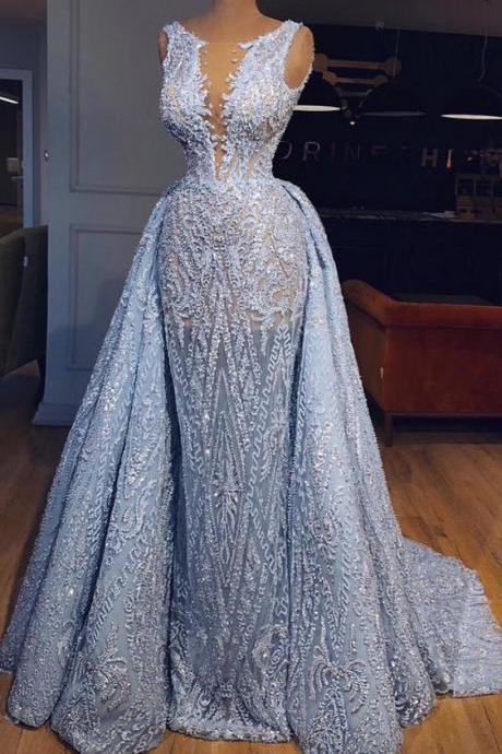 Elegant Blue Lace Sleeveless Deep V Neck Prom Dress Party Dress M7800