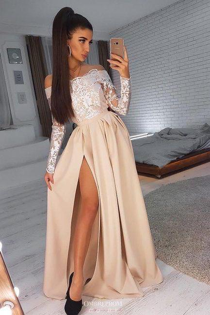 champagne party dress long sleeve evening dress off shoulder prom dress lace applique formal dress M7805