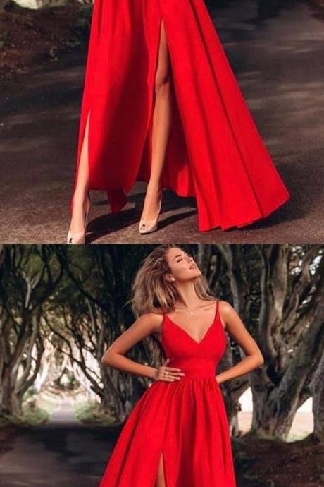 A Line V Neck Thin Straps Floor Length Red Prom Dresses With Slit, Red V Neck Formal Dresses, Red Evening Dresses M7830