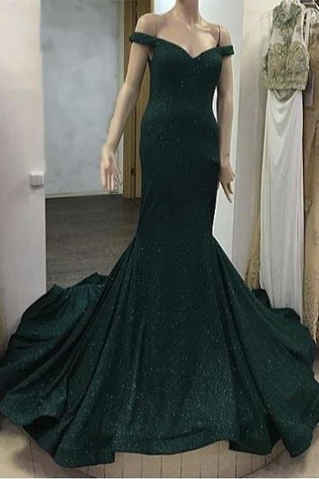 Emerald Green Ruffles Prom Dresses Off Shoulder Sequin Evening Gowns M7831