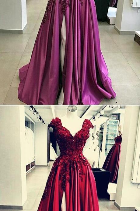 Lace Cap Sleeves Long Satin Split Evening Prom Dresses M7834