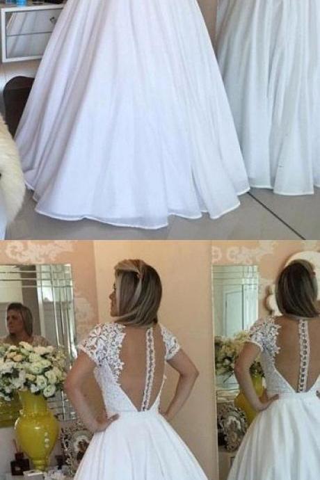 Princess White Prom Dresses,v-neck Long Formal Dresses,chiffon Lace Evening Dresses,short Sleeve Party Gowns M7841