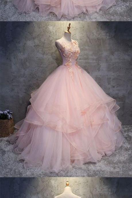 Pink Round Neck Tulle Lace Applique Long Prom Dress, Pink Evening Dress M7844