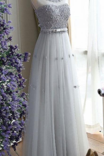 Grey Prom Dresses, Long Prom Dresses, Charming Gray A Line Tulle Long Floral Simple Sleeveless Long Prom Dress M7851