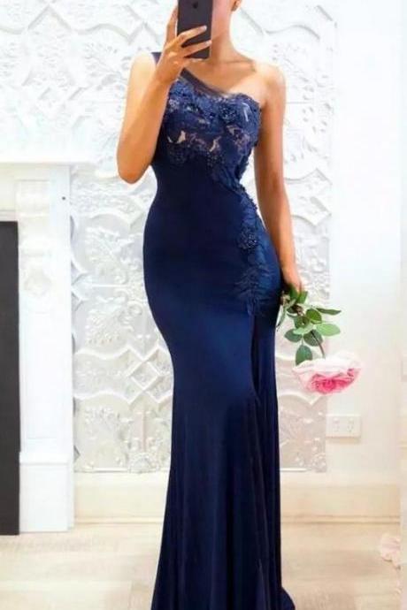 Navy Blue one shoulder Bridesmaid Dresses lace appliques mermaid maid of honor dress sexy side slit prom dresses M7854