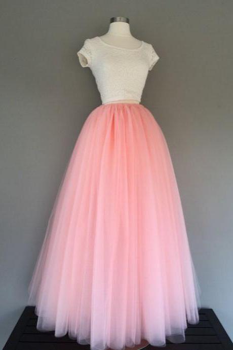 Floor length tulle skirt , pink two piece prom dress M7862